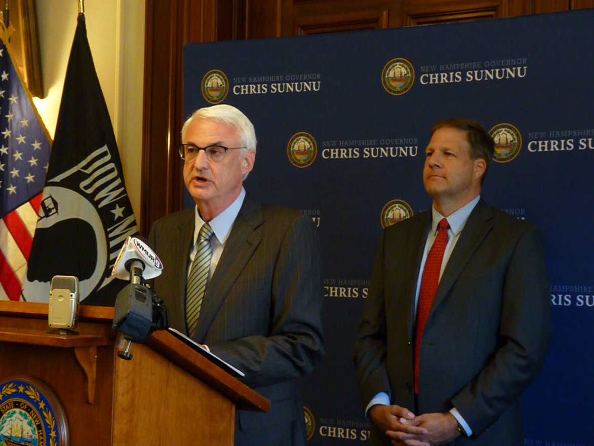 DHHS Commissioner Jeff Meyers, left, joined Governor Chris Sununu during a press conference on Monday.